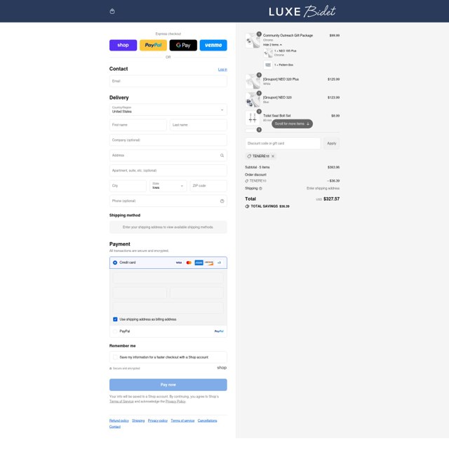 Luxe Bidet checkout page showing Luxe Bidet coupon code box | Screenshot taken by SimplyCodes community member on Sep 6, 2025