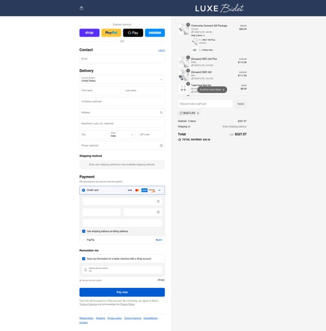 Luxe Bidet checkout page showing Luxe Bidet coupon code box | Screenshot taken by SimplyCodes community member on Sep 6, 2025