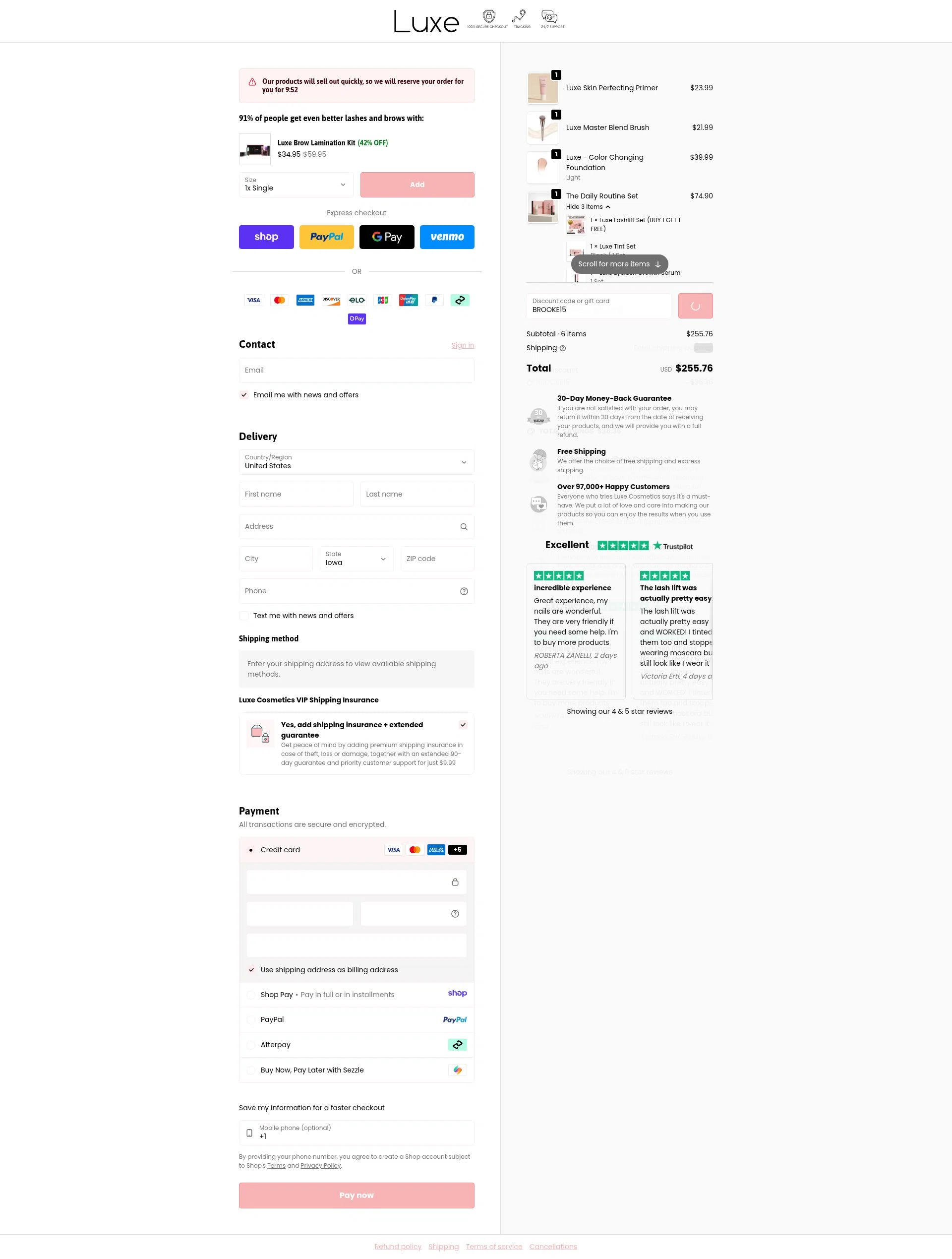 Luxe Cosmetics US checkout page showing Luxe Cosmetics US promo code box | Screenshot taken by SimplyCodes community member on Jan 12, 2026