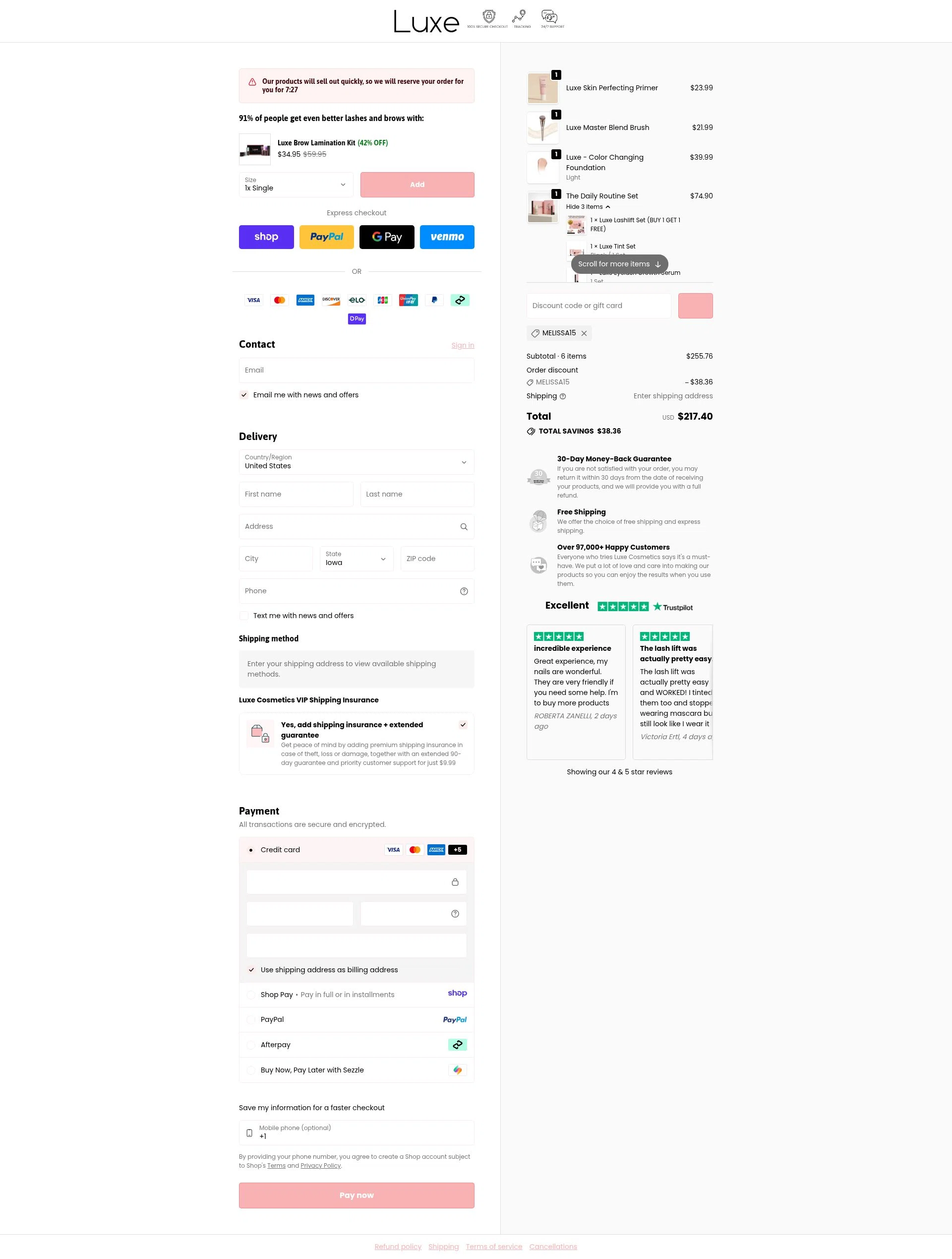 Luxe Cosmetics US checkout page showing Luxe Cosmetics US promo code box | Screenshot taken by SimplyCodes community member on Jan 12, 2026