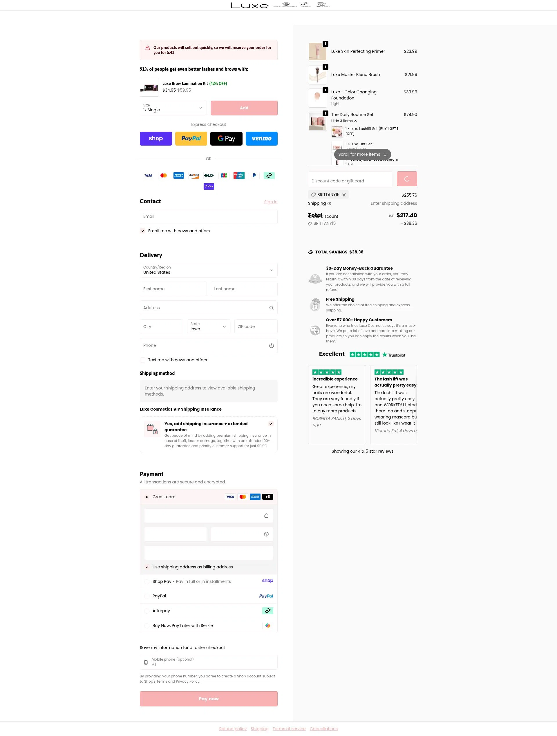 Luxe Cosmetics US checkout page showing Luxe Cosmetics US promo code box | Screenshot taken by SimplyCodes community member on Jan 12, 2026