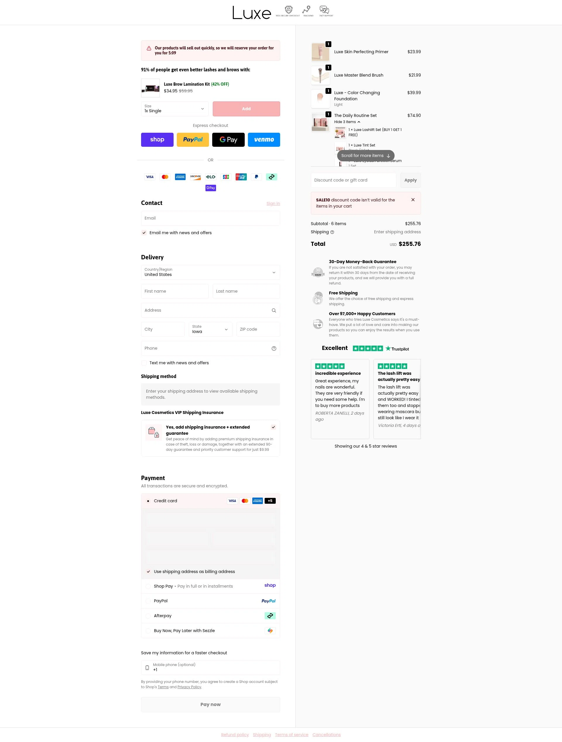 Luxe Cosmetics US checkout page showing Luxe Cosmetics US promo code box | Screenshot taken by SimplyCodes community member on Jan 12, 2026
