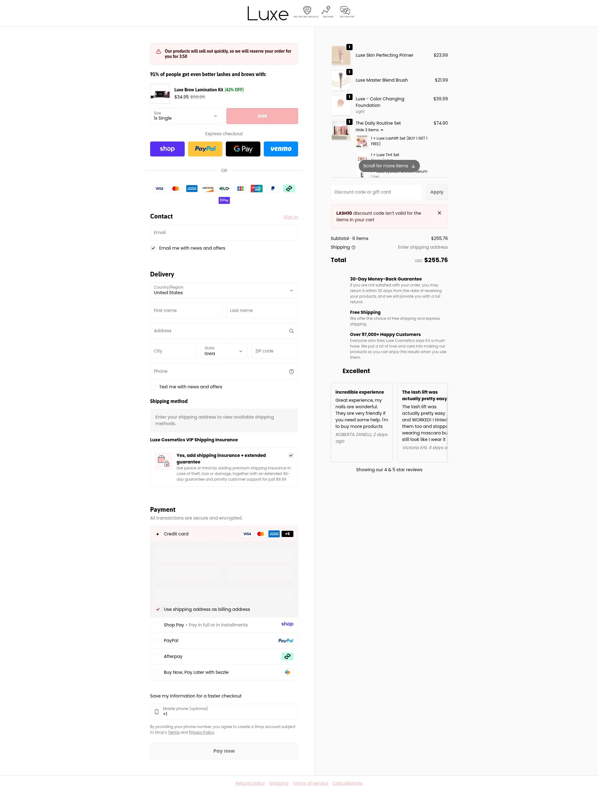 Luxe Cosmetics US checkout page showing Luxe Cosmetics US promo code box | Screenshot taken by SimplyCodes community member on Jan 12, 2026