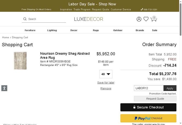 LuxeDecor checkout page showing LuxeDecor promo code box | Screenshot taken by SimplyCodes community member on Aug 28, 2025