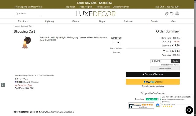 LuxeDecor checkout page showing LuxeDecor promo code box | Screenshot taken by SimplyCodes community member on Sep 1, 2025