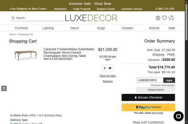 LuxeDecor checkout page showing LuxeDecor promo code box | Screenshot taken by SimplyCodes community member on Aug 20, 2025