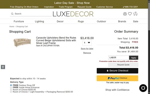 LuxeDecor checkout page showing LuxeDecor promo code box | Screenshot taken by SimplyCodes community member on Aug 28, 2025