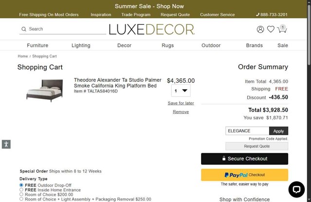 LuxeDecor checkout page showing LuxeDecor promo code box | Screenshot taken by SimplyCodes community member on Aug 17, 2025