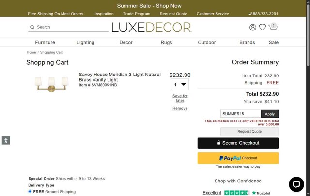 LuxeDecor checkout page showing LuxeDecor promo code box | Screenshot taken by SimplyCodes community member on Aug 16, 2025