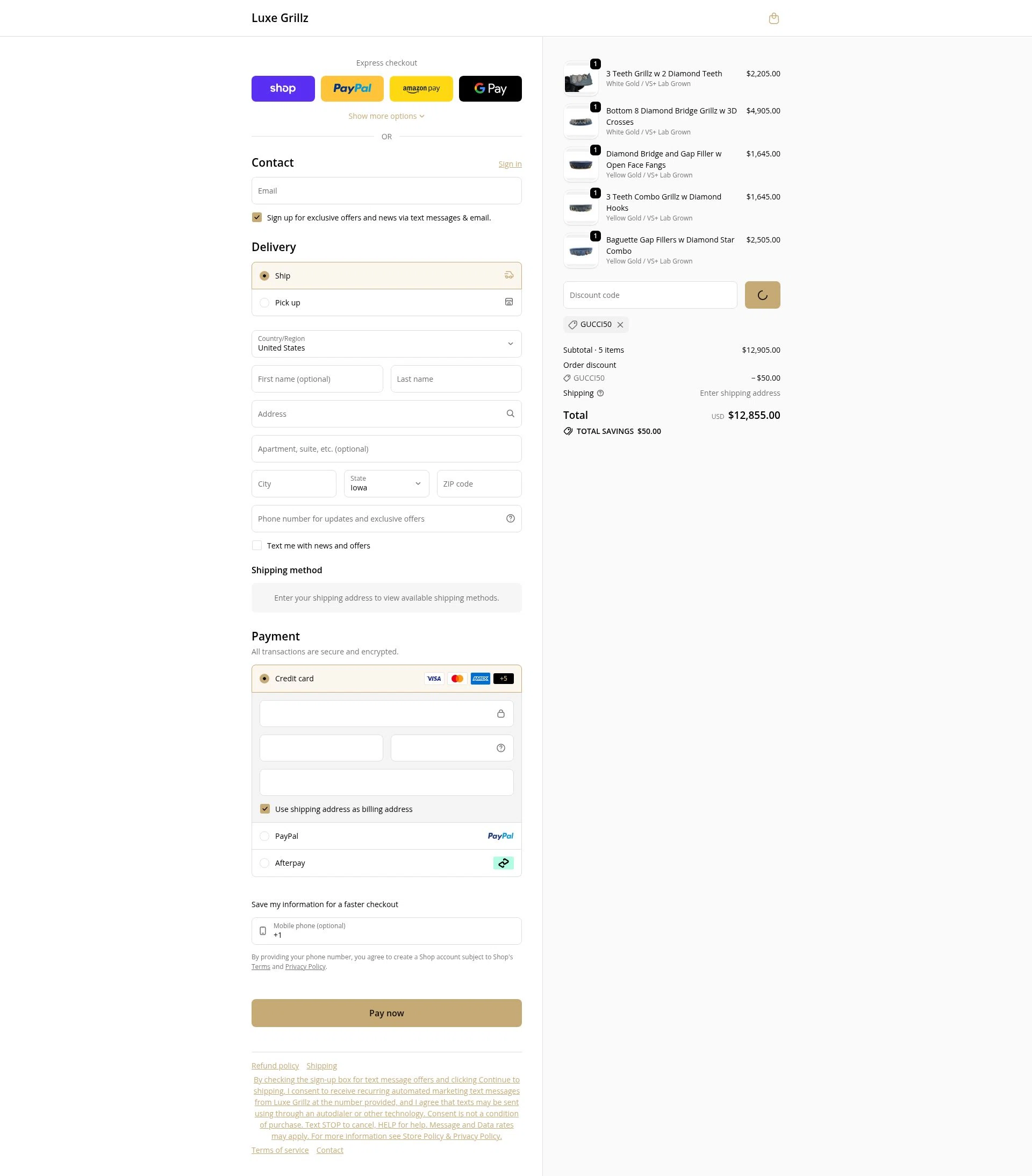 Luxe Grillz checkout page showing Luxe Grillz promo code box | Screenshot taken by SimplyCodes community member on Feb 6, 2026