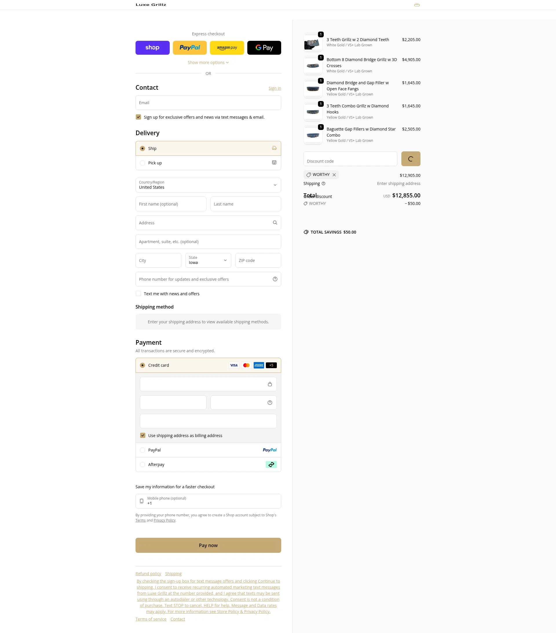 Luxe Grillz checkout page showing Luxe Grillz promo code box | Screenshot taken by SimplyCodes community member on Feb 15, 2026