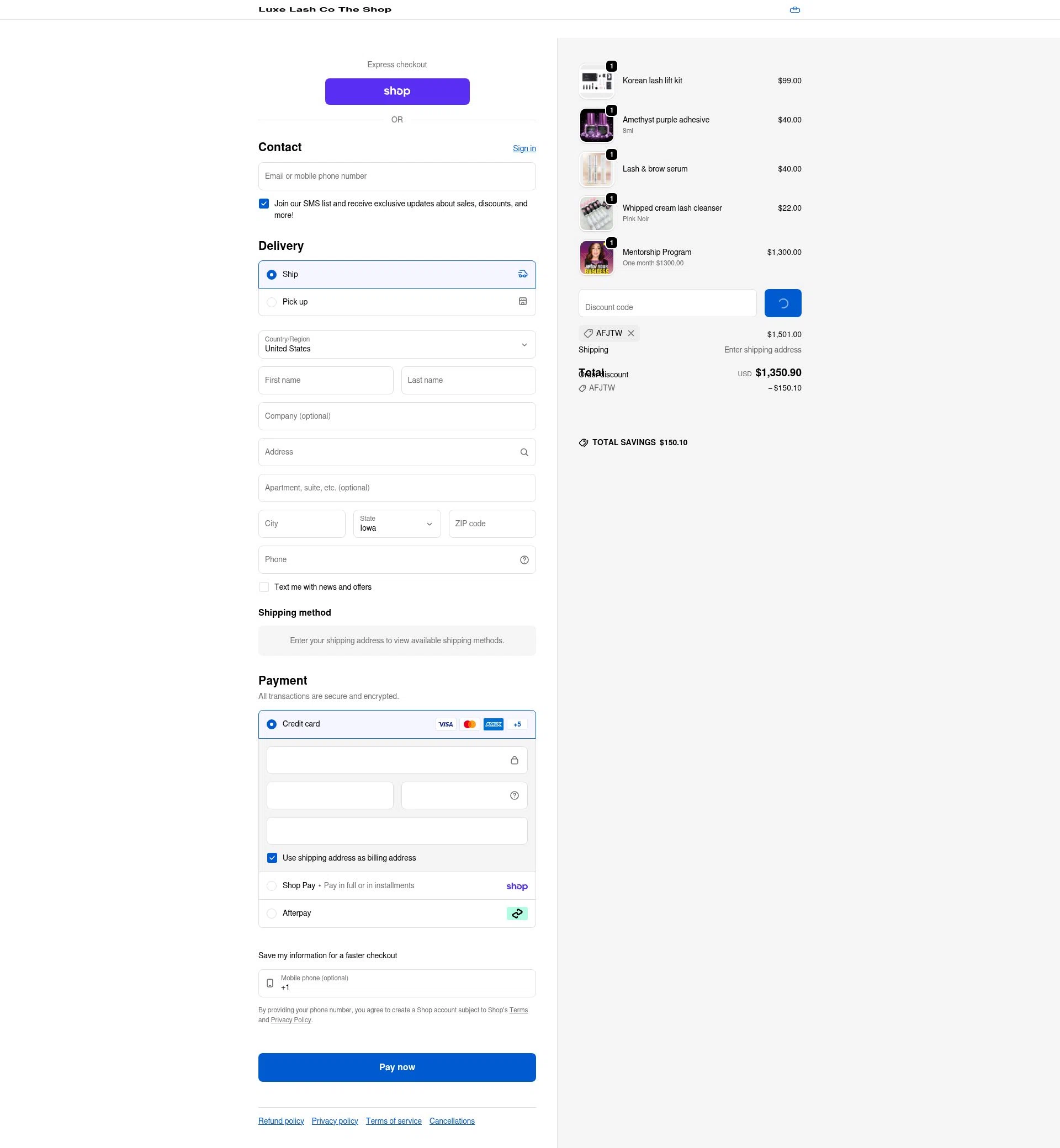Luxe Lash Co checkout page showing Luxe Lash Co promo code box | Screenshot taken by SimplyCodes community member on Feb 4, 2026