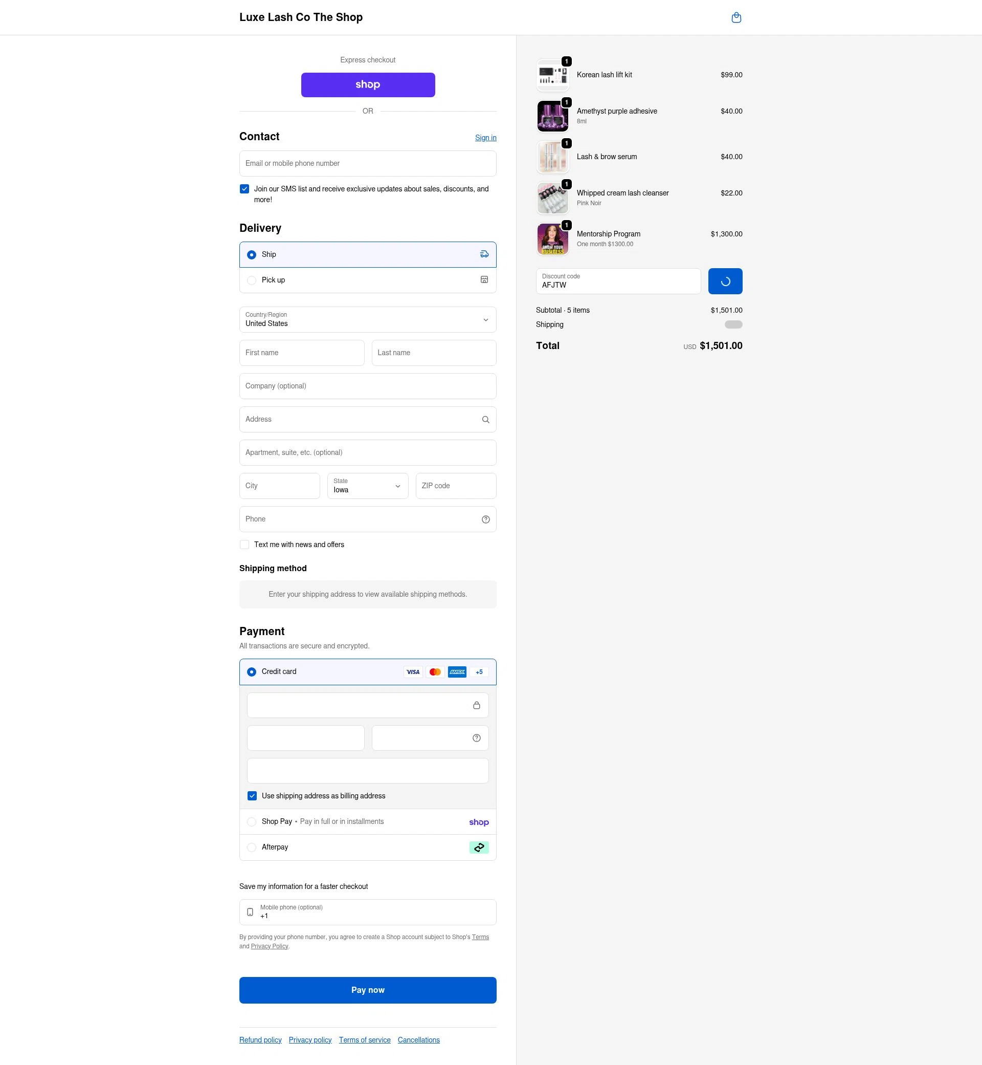 Luxe Lash Co checkout page showing Luxe Lash Co promo code box | Screenshot taken by SimplyCodes community member on Jan 31, 2026