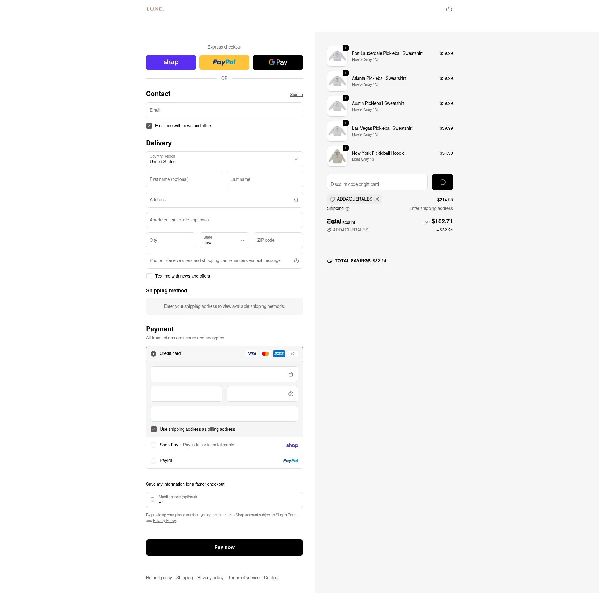 LUXE Pickleball checkout page showing LUXE Pickleball discount code box | Screenshot taken by SimplyCodes community member on Feb 4, 2026