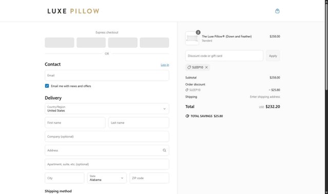 Luxe Pillow checkout page showing Luxe Pillow discount code box | Screenshot taken by SimplyCodes community member on Jun 19, 2025