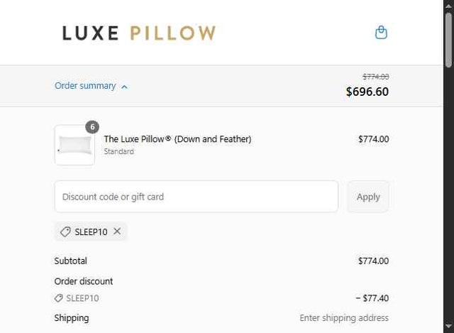 Luxe Pillow checkout page showing Luxe Pillow discount code box | Screenshot taken by SimplyCodes community member on Jun 19, 2025