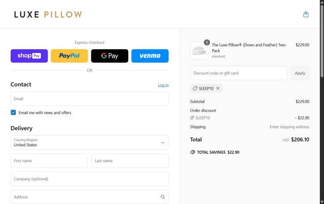 Luxe Pillow checkout page showing Luxe Pillow discount code box | Screenshot taken by SimplyCodes community member on Jun 19, 2025