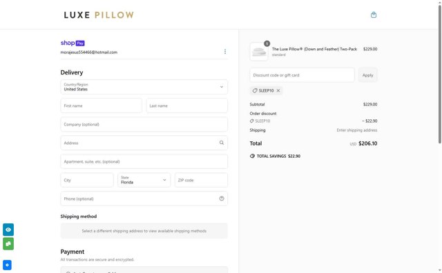 Luxe Pillow checkout page showing Luxe Pillow discount code box | Screenshot taken by SimplyCodes community member on Jun 19, 2025