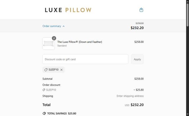 Luxe Pillow checkout page showing Luxe Pillow discount code box | Screenshot taken by SimplyCodes community member on Jun 19, 2025