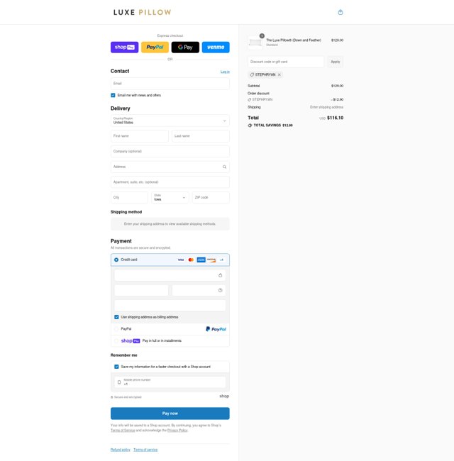 Luxe Pillow checkout page showing Luxe Pillow discount code box | Screenshot taken by SimplyCodes community member on Jul 23, 2025