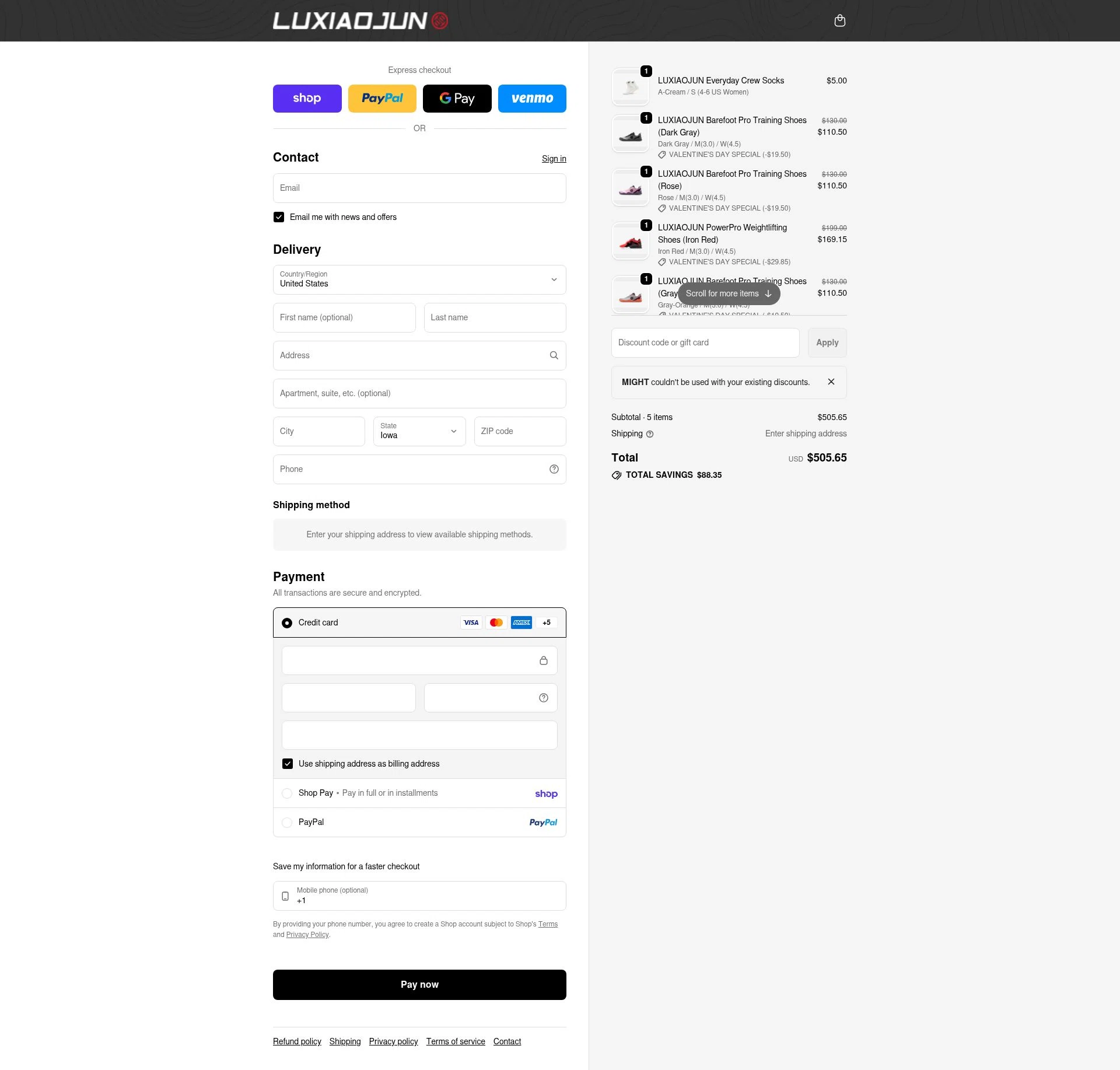 LUXIAOJUN checkout page showing LUXIAOJUN discount code box | Screenshot taken by SimplyCodes community member on Feb 13, 2026