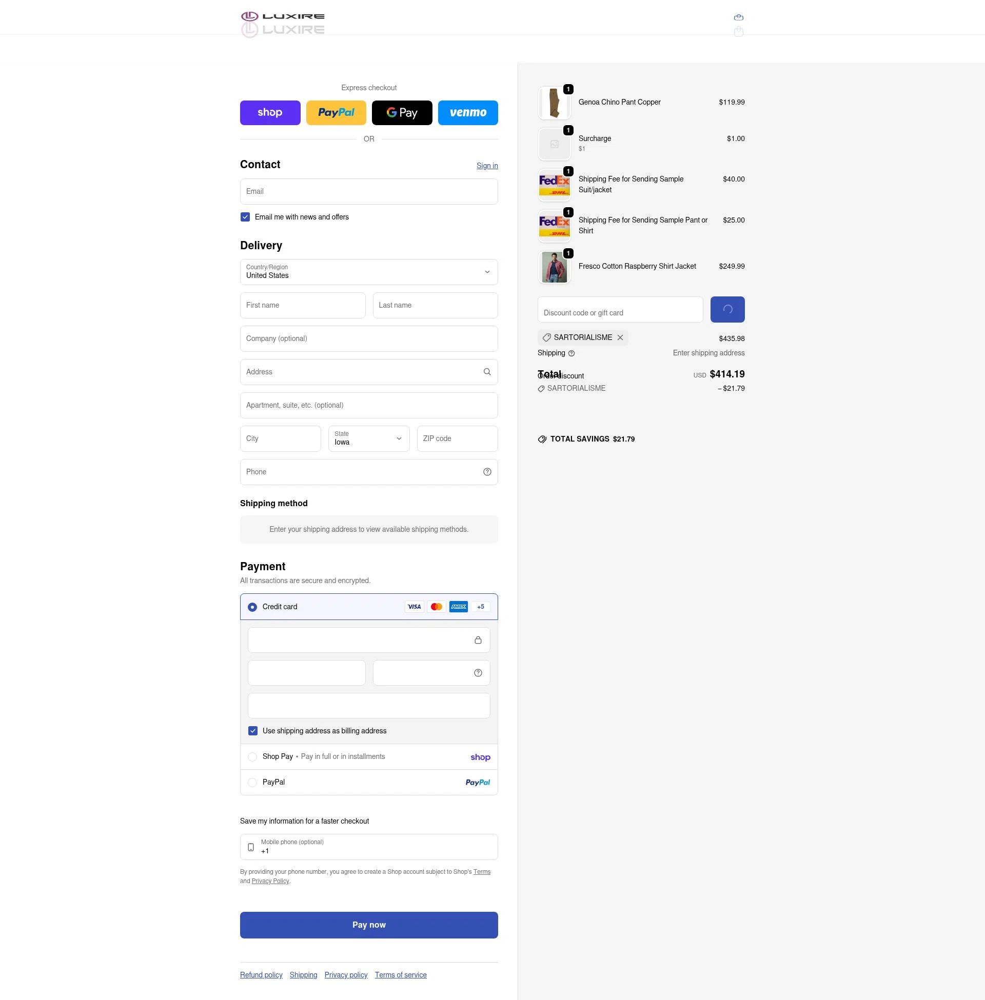 Luxire checkout page showing Luxire discount code box | Screenshot taken by SimplyCodes community member on Feb 22, 2026