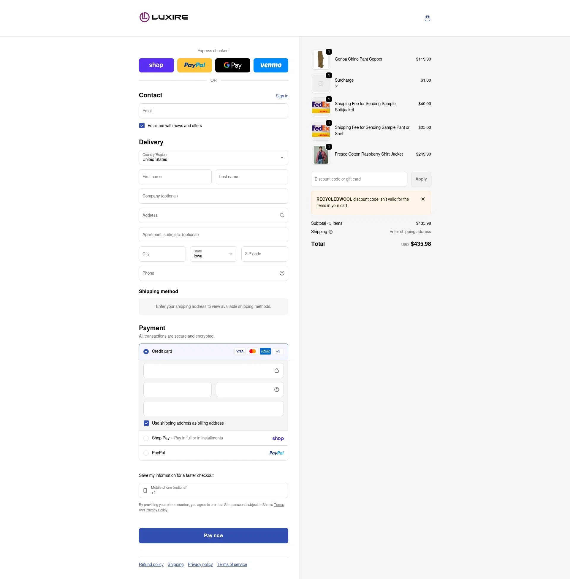 Luxire checkout page showing Luxire discount code box | Screenshot taken by SimplyCodes community member on Feb 22, 2026