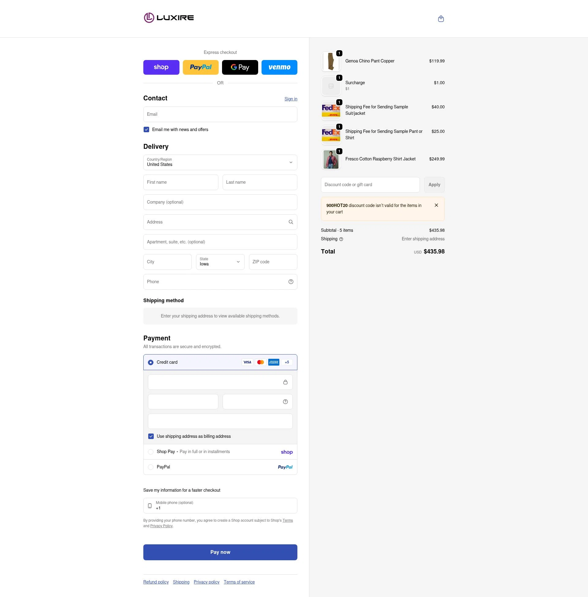 Luxire checkout page showing Luxire discount code box | Screenshot taken by SimplyCodes community member on Feb 22, 2026