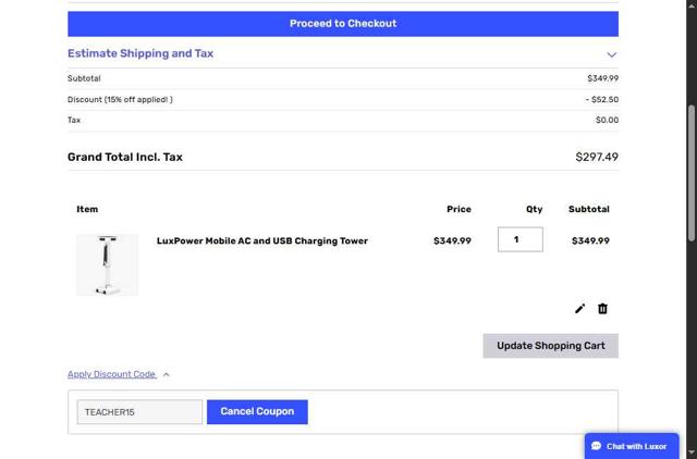 Luxor checkout page showing Luxor discount code box | Screenshot taken by SimplyCodes community member on Jul 22, 2025