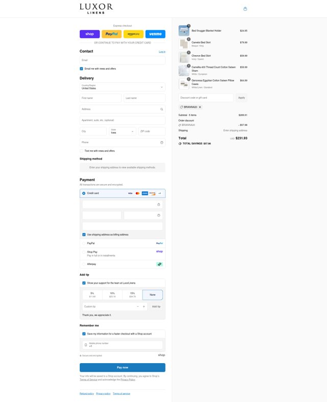Luxor Linens checkout page showing Luxor Linens promo code box | Screenshot taken by SimplyCodes community member on Sep 4, 2025