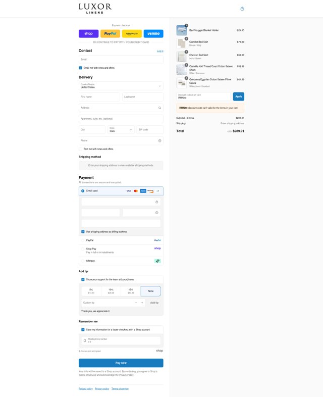 Luxor Linens checkout page showing Luxor Linens promo code box | Screenshot taken by SimplyCodes community member on Sep 4, 2025