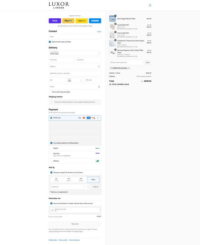 Luxor Linens checkout page showing Luxor Linens promo code box | Screenshot taken by SimplyCodes community member on Sep 4, 2025