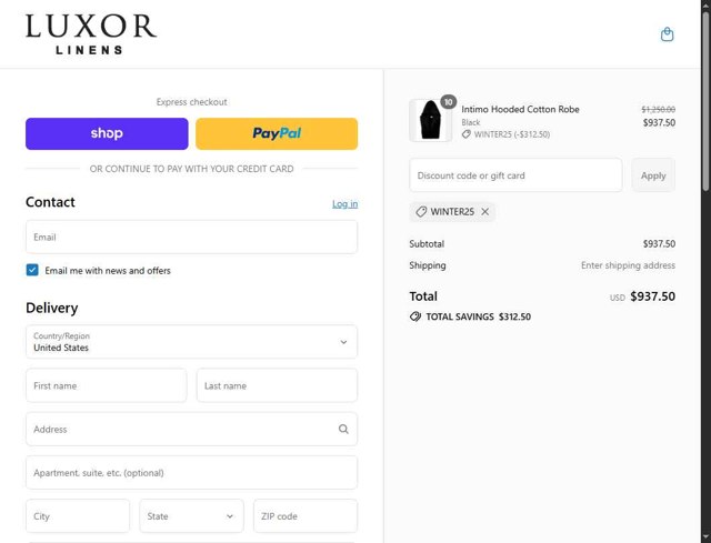 Luxor Linens checkout page showing Luxor Linens promo code box | Screenshot taken by SimplyCodes community member on Sep 4, 2025