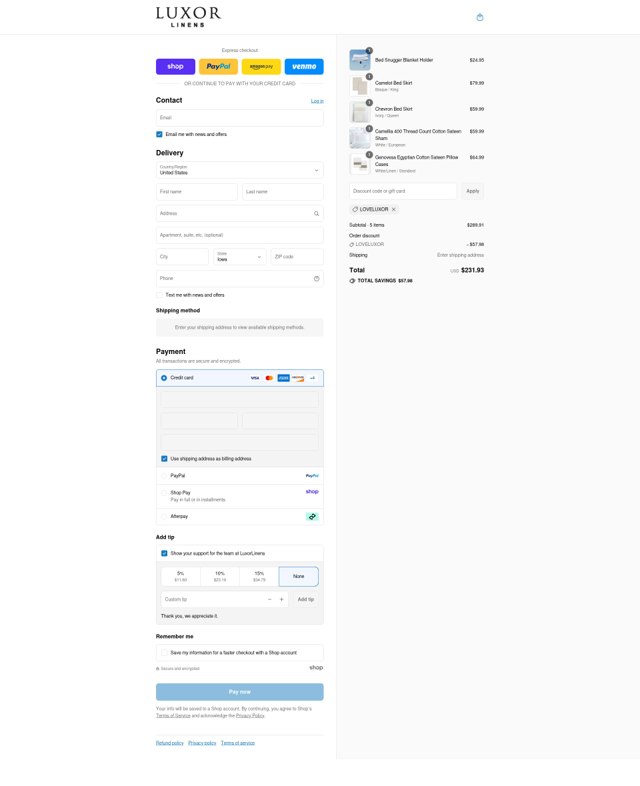 Luxor Linens checkout page showing Luxor Linens promo code box | Screenshot taken by SimplyCodes community member on Sep 4, 2025