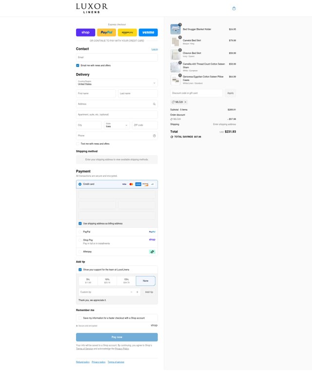 Luxor Linens checkout page showing Luxor Linens promo code box | Screenshot taken by SimplyCodes community member on Sep 4, 2025