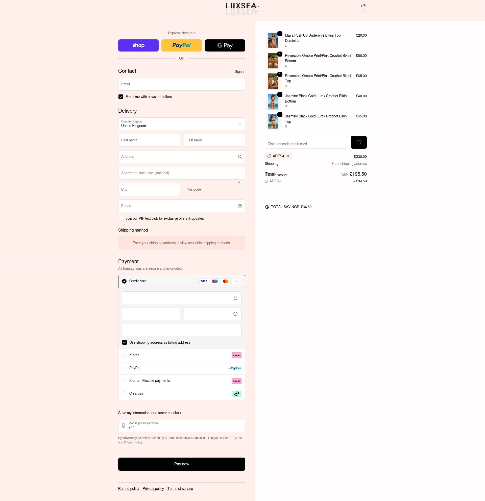 Luxsea Swimwear checkout page showing Luxsea Swimwear discount code box | Screenshot taken by SimplyCodes community member on Feb 14, 2026