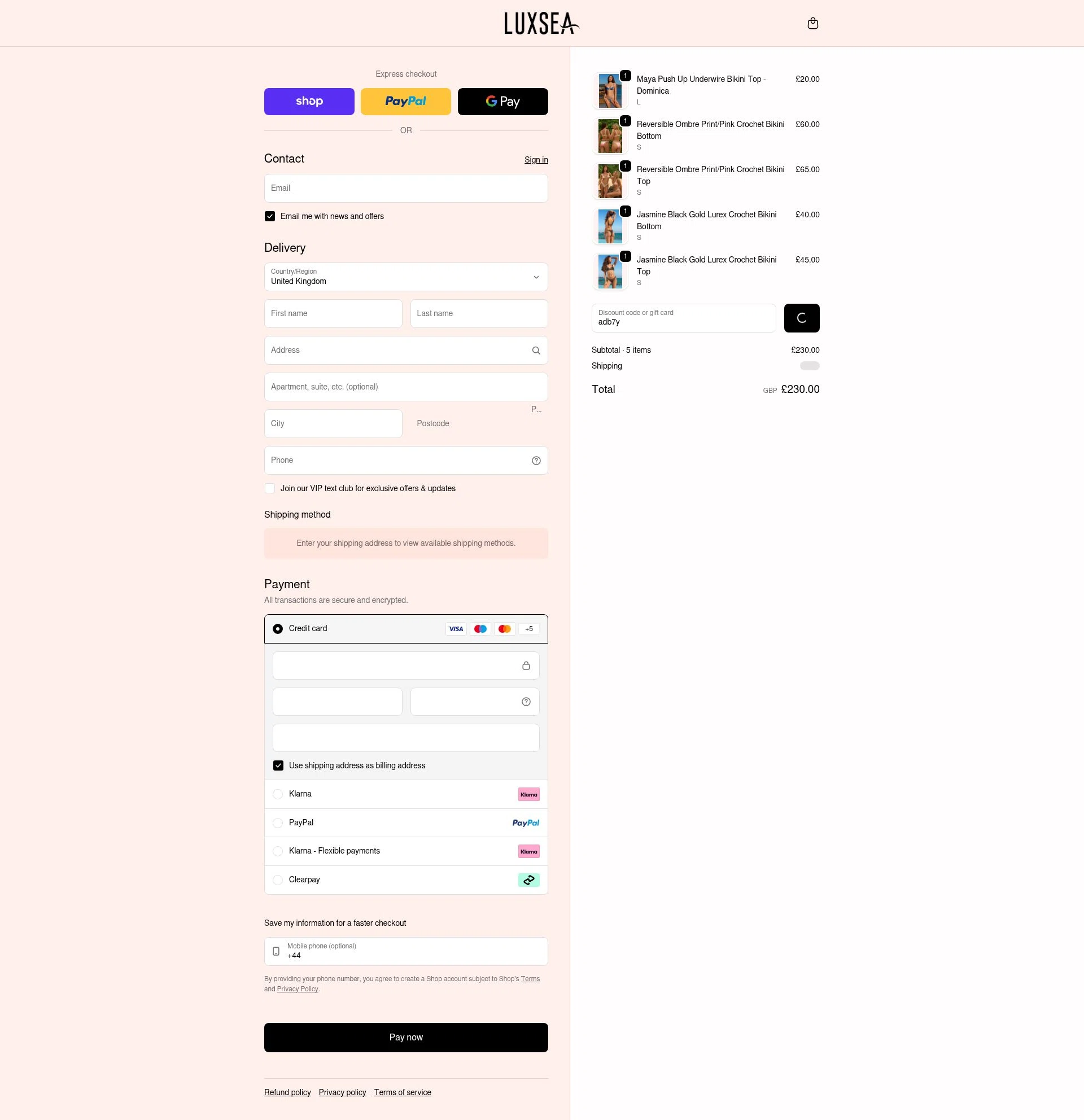 Luxsea Swimwear checkout page showing Luxsea Swimwear discount code box | Screenshot taken by SimplyCodes community member on Feb 14, 2026