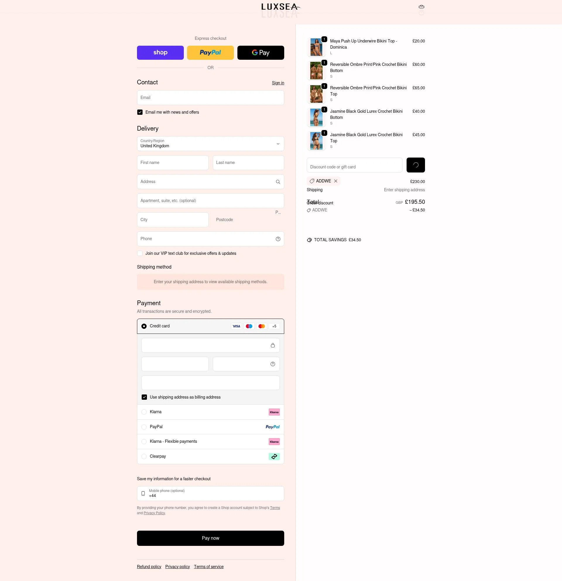 Luxsea Swimwear checkout page showing Luxsea Swimwear discount code box | Screenshot taken by SimplyCodes community member on Feb 14, 2026