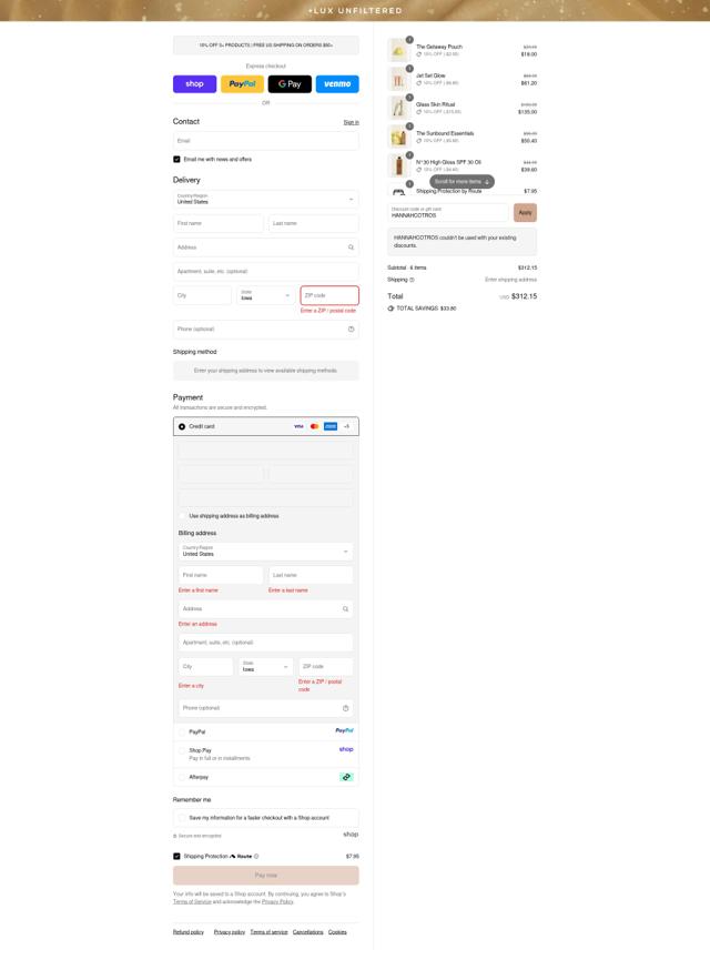 Lux Unfiltered checkout page showing Lux Unfiltered promo code box | Screenshot taken by SimplyCodes community member on Sep 13, 2025
