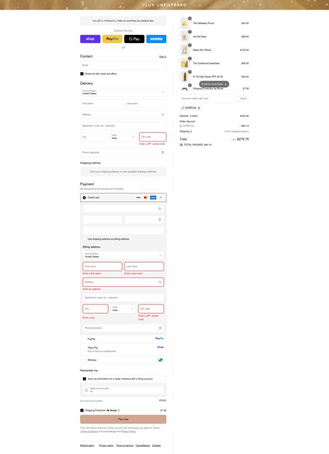 Lux Unfiltered checkout page showing Lux Unfiltered promo code box | Screenshot taken by SimplyCodes community member on Sep 13, 2025
