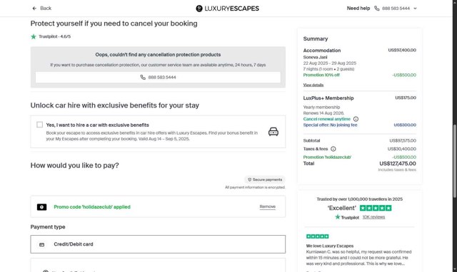 Luxury Escapes checkout page showing Luxury Escapes promo code box | Screenshot taken by SimplyCodes community member on Aug 14, 2025