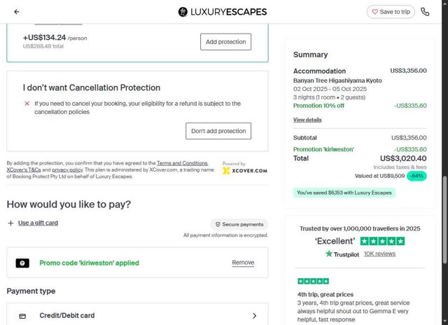 Luxury Escapes checkout page showing Luxury Escapes promo code box | Screenshot taken by SimplyCodes community member on Sep 1, 2025