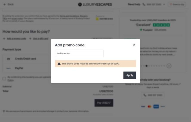 Luxury Escapes checkout page showing Luxury Escapes promo code box | Screenshot taken by SimplyCodes community member on Aug 19, 2025