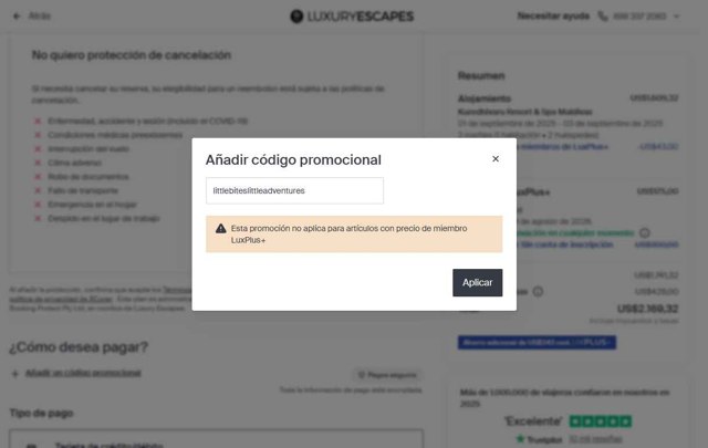 Luxury Escapes checkout page showing Luxury Escapes promo code box | Screenshot taken by SimplyCodes community member on Aug 19, 2025