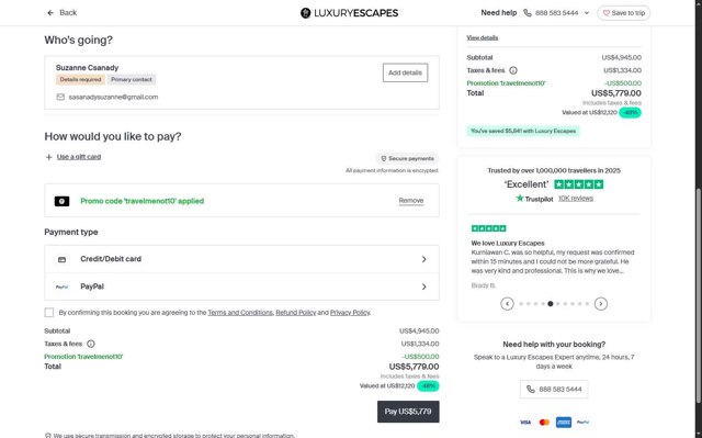Luxury Escapes checkout page showing Luxury Escapes promo code box | Screenshot taken by SimplyCodes community member on Sep 3, 2025