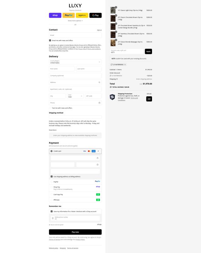 Luxy Hair checkout page showing Luxy Hair discount code box | Screenshot taken by SimplyCodes community member on Sep 9, 2025