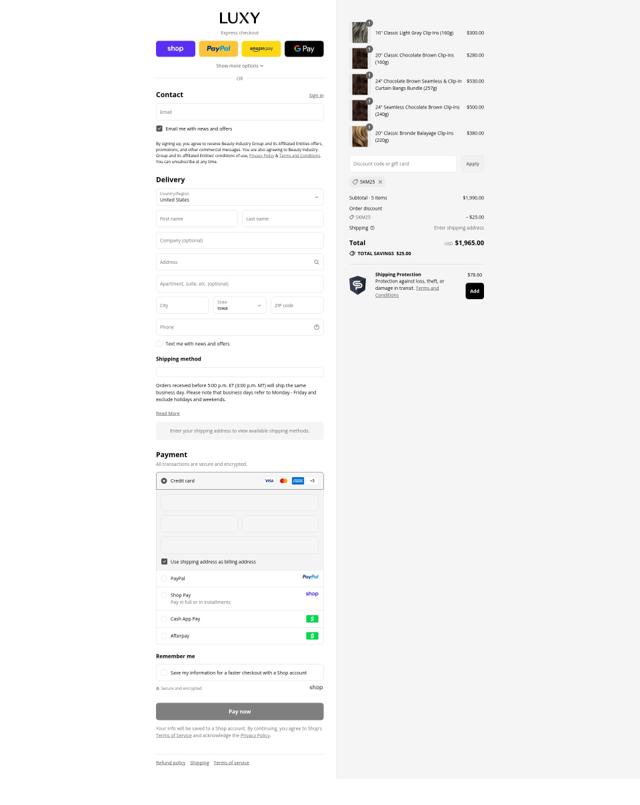 Luxy Hair checkout page showing Luxy Hair discount code box | Screenshot taken by SimplyCodes community member on Sep 9, 2025