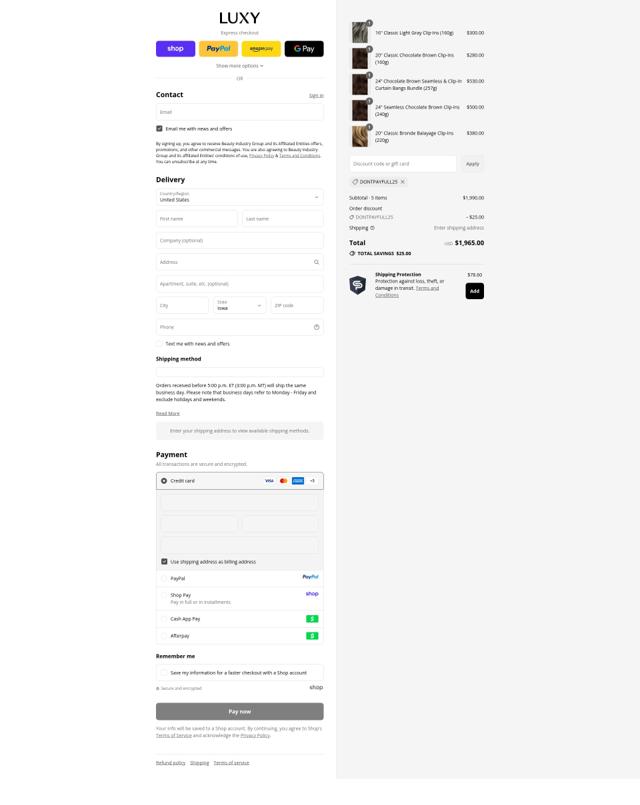 Luxy Hair checkout page showing Luxy Hair discount code box | Screenshot taken by SimplyCodes community member on Sep 9, 2025
