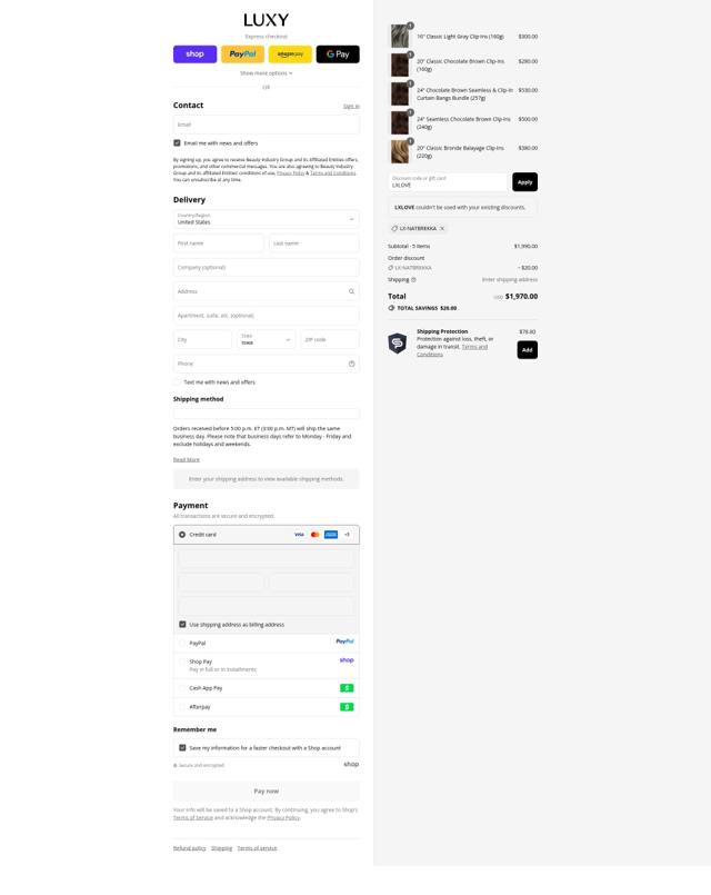 Luxy Hair checkout page showing Luxy Hair discount code box | Screenshot taken by SimplyCodes community member on Sep 9, 2025