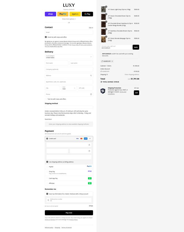 Luxy Hair checkout page showing Luxy Hair discount code box | Screenshot taken by SimplyCodes community member on Sep 9, 2025